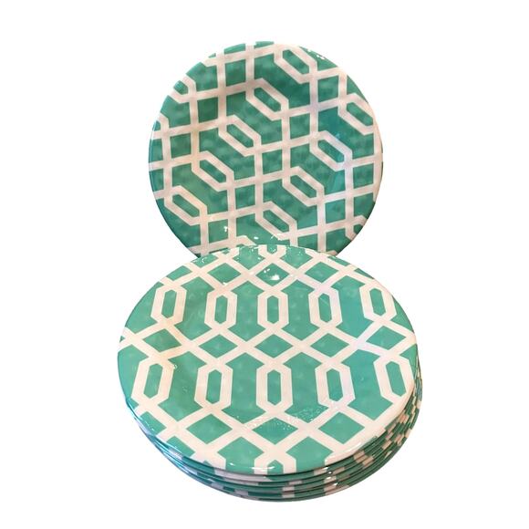 THE SPRING SHOP Melamine Dinner Plate Set of 4 Aqua & White Abstract Design NEW - Picture 4 of 8